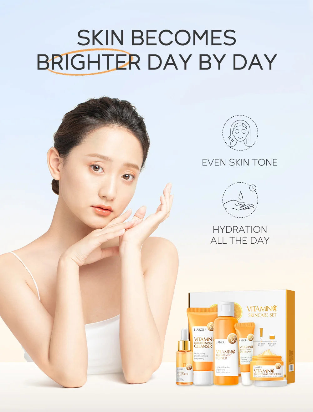 Set Completo de Cuidados Faciais com Vitamina C - 5 Peças Hidratante Anti-Idade