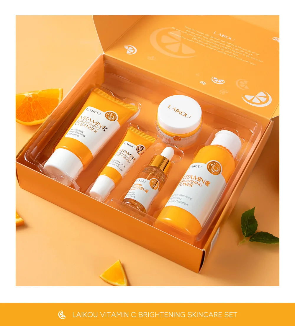 Set Completo de Cuidados Faciais com Vitamina C - 5 Peças Hidratante Anti-Idade