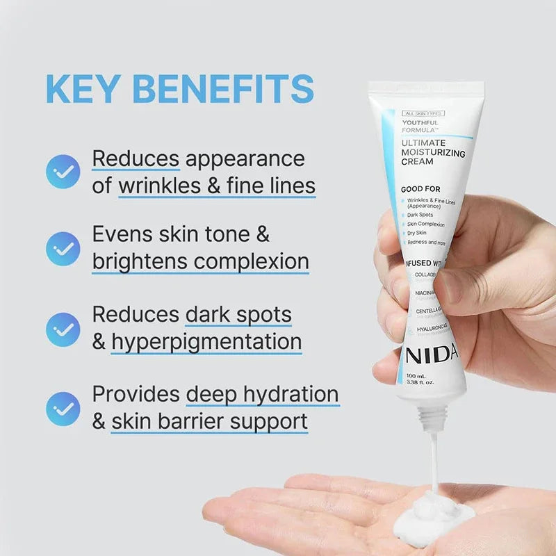100mL Ultimate Moisturizing Cream Collagen Youthful Formula Niacinamide Centella Asiatica Hyaluronic Acid Wrinkles Spots Cream