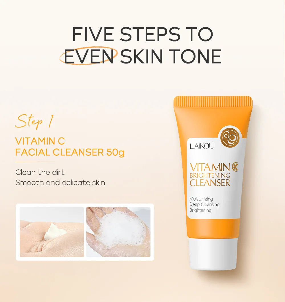Set Completo de Cuidados Faciais com Vitamina C - 5 Peças Hidratante Anti-Idade