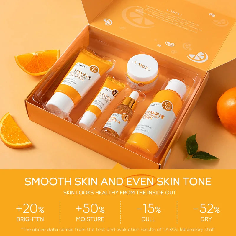 Set Completo de Cuidados Faciais com Vitamina C - 5 Peças Hidratante Anti-Idade
