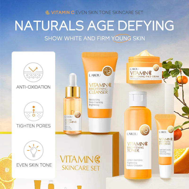 Set Completo de Cuidados Faciais com Vitamina C - 5 Peças Hidratante Anti-Idade