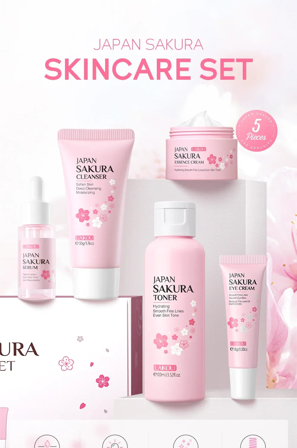 Kit Sakura LAIKOU - 5 Peças Hidratante Anti-Rugas e Limpeza de Poros