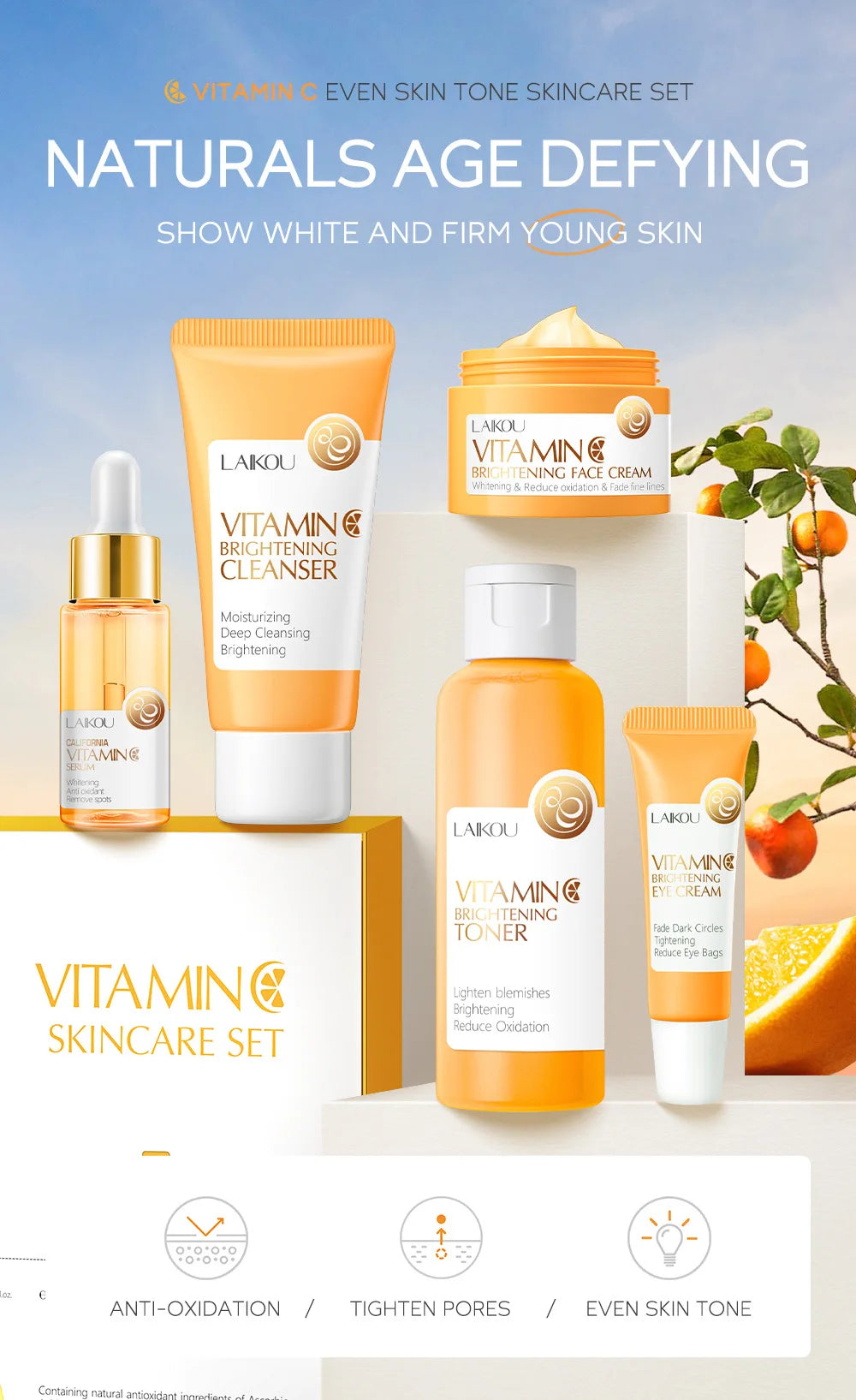 Set Completo de Cuidados Faciais com Vitamina C - 5 Peças Hidratante Anti-Idade