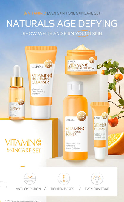 Set Completo de Cuidados Faciais com Vitamina C - 5 Peças Hidratante Anti-Idade