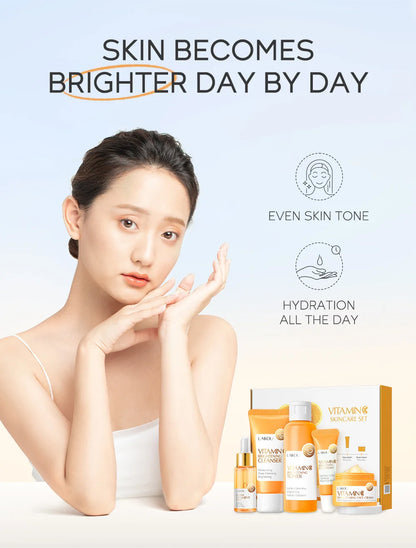 Set Completo de Cuidados Faciais com Vitamina C - 5 Peças Hidratante Anti-Idade