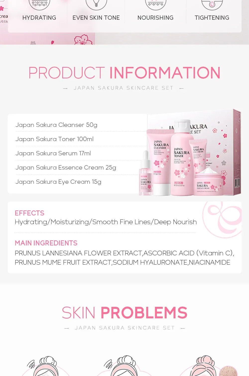 Kit Sakura LAIKOU - 5 Peças Hidratante Anti-Rugas e Limpeza de Poros