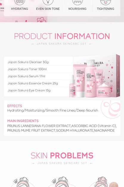 Kit Sakura LAIKOU - 5 Peças Hidratante Anti-Rugas e Limpeza de Poros