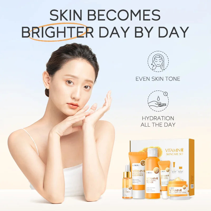 Set Completo de Cuidados Faciais com Vitamina C - 5 Peças Hidratante Anti-Idade