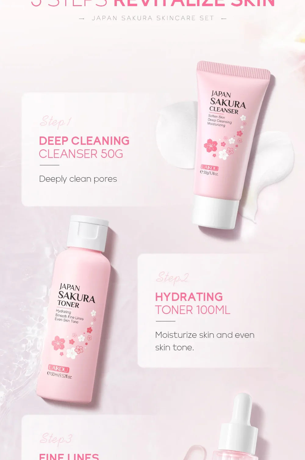 Kit Sakura LAIKOU - 5 Peças Hidratante Anti-Rugas e Limpeza de Poros