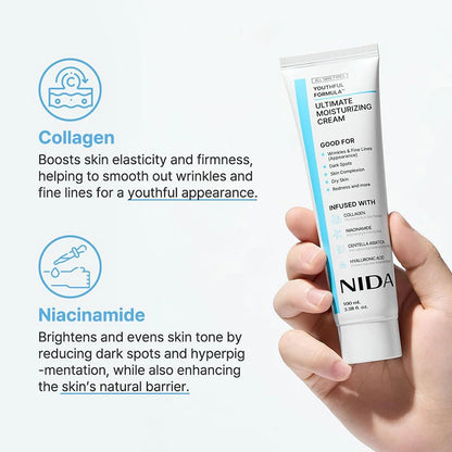 100mL Ultimate Moisturizing Cream Youthful Formula Collagen Niacinamide Centella Asiatica Hyaluronic Acid Wrinkles Spots Cream