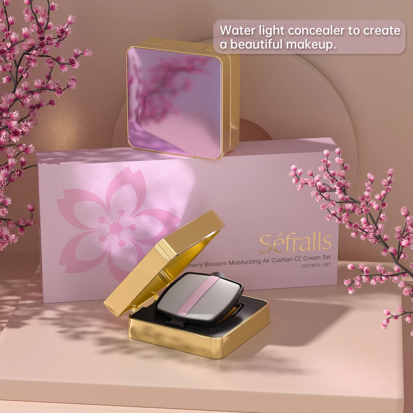 Séfralls Cherry Blossom Air Cushion CC Cream Set 12g×2 (Wheat/Copper) - Hydrating Moisturizing Foundation, Long Lasting Natural