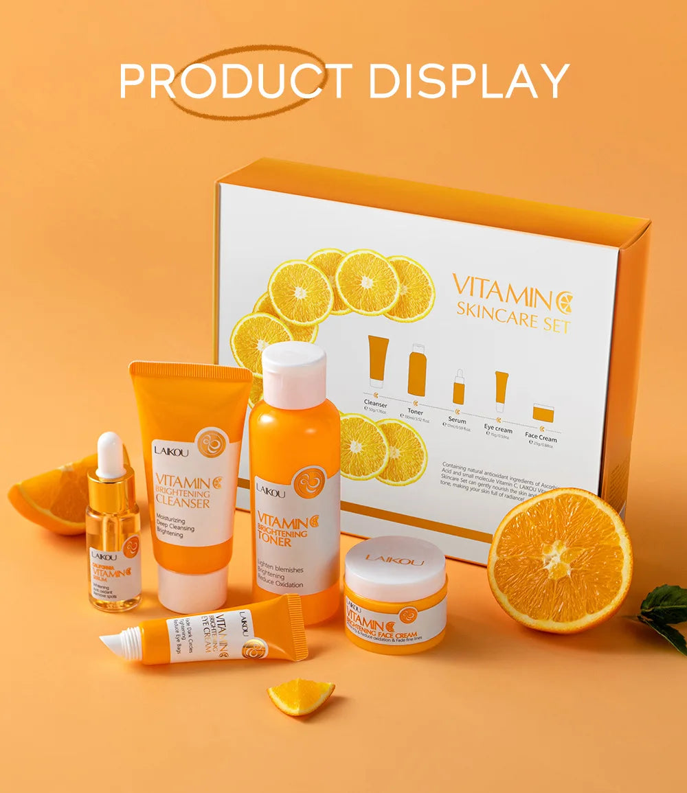 Set Completo de Cuidados Faciais com Vitamina C - 5 Peças Hidratante Anti-Idade