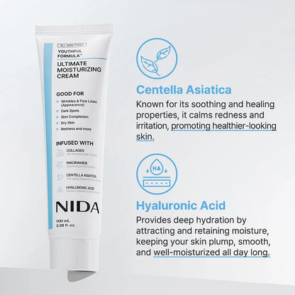 100mL Ultimate Moisturizing Cream Youthful Formula Collagen Niacinamide Centella Asiatica Hyaluronic Acid Wrinkles Spots Cream