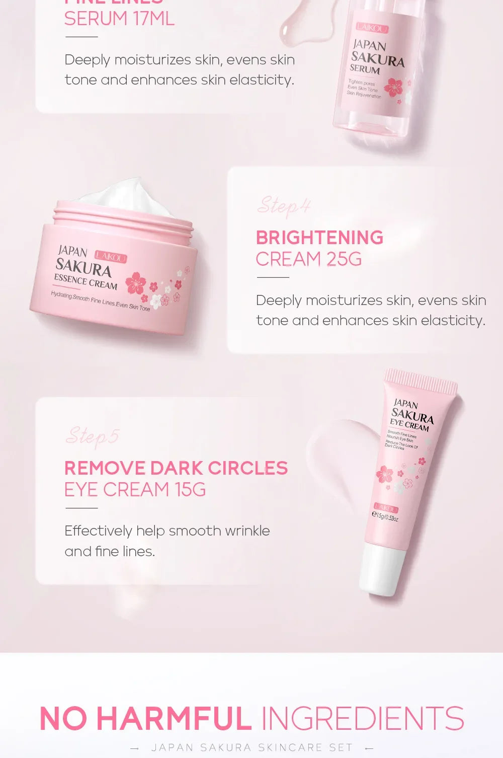 Kit Sakura LAIKOU - 5 Peças Hidratante Anti-Rugas e Limpeza de Poros