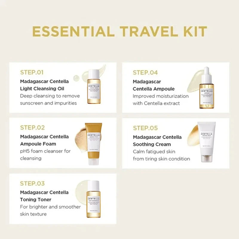 Kit de Viagem Coreano com Centella - 5 Peças Calmante e Hidratante