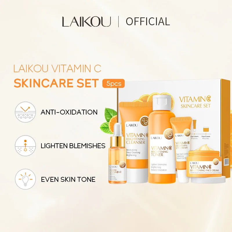 Set Completo de Cuidados Faciais com Vitamina C - 5 Peças Hidratante Anti-Idade