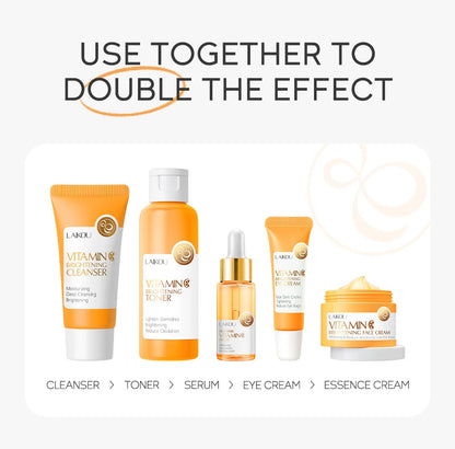 Set Completo de Cuidados Faciais com Vitamina C - 5 Peças Hidratante Anti-Idade