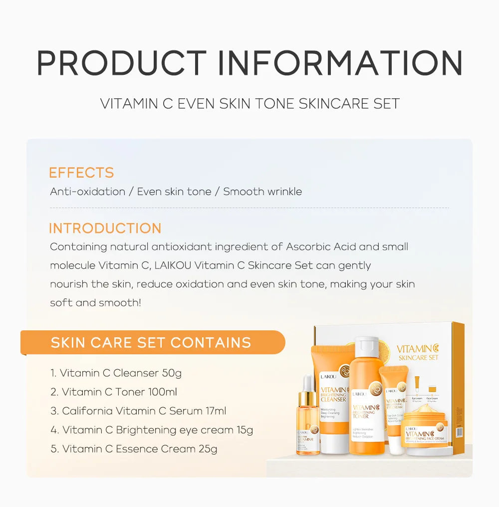 Set Completo de Cuidados Faciais com Vitamina C - 5 Peças Hidratante Anti-Idade