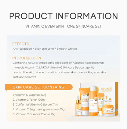 Set Completo de Cuidados Faciais com Vitamina C - 5 Peças Hidratante Anti-Idade