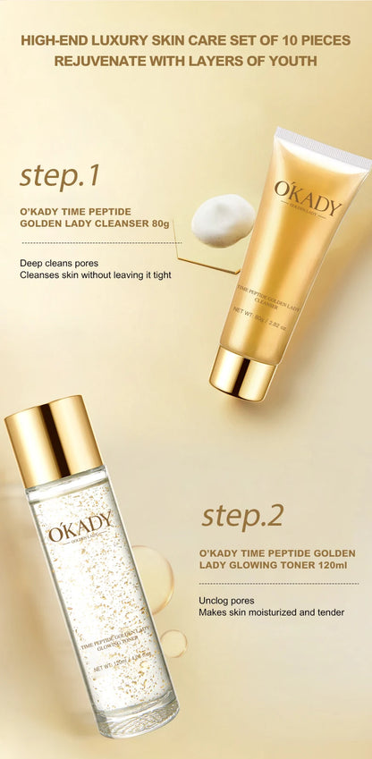 Set OKADY Anti-Idade - 10 Peças Rotina Diária com Vitamina C e Péptidos